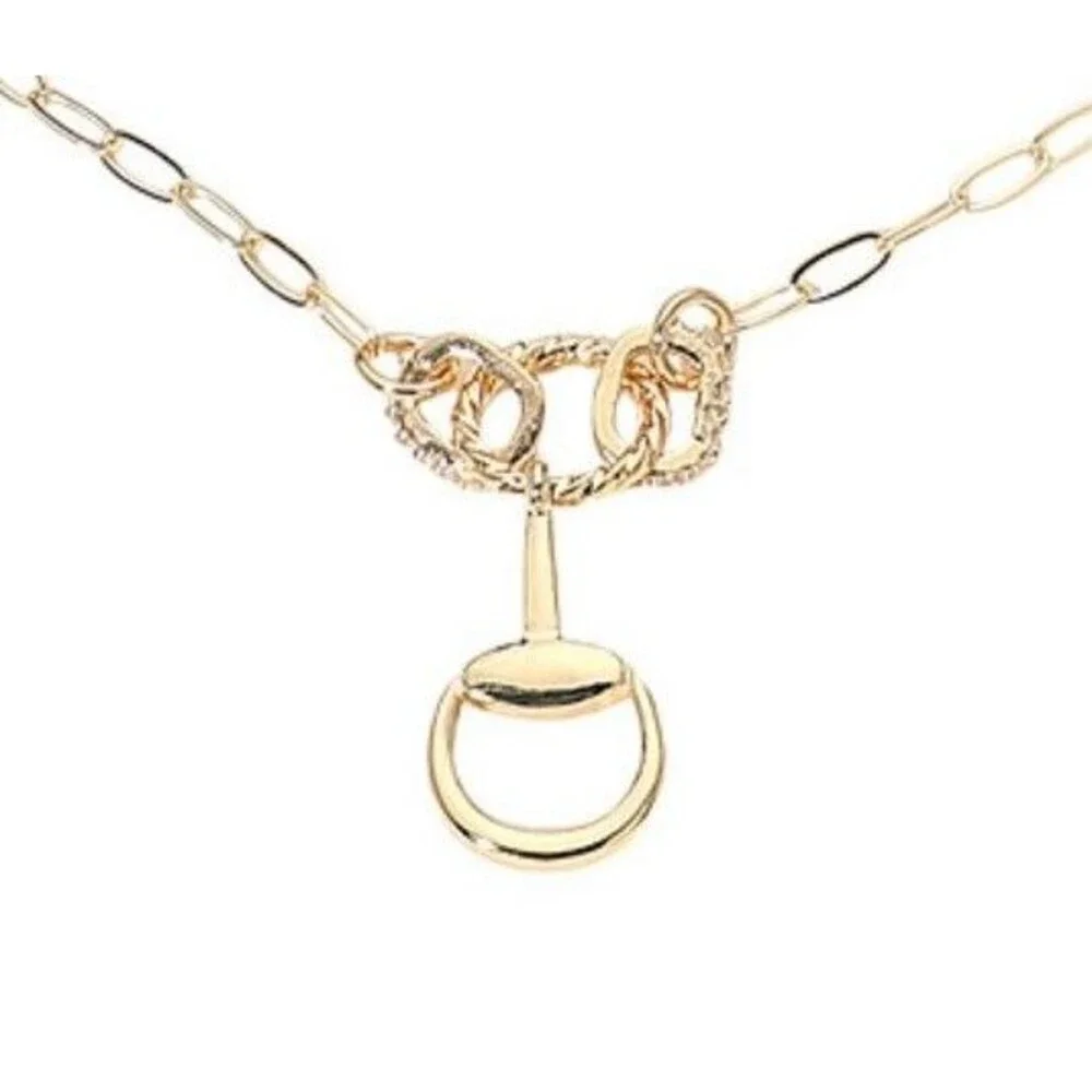 Gold Horsebit Charm Paperclip Link Chain Rhinestone Crystal Pendant Necklace